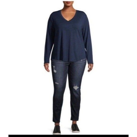 Terra & Sky Women's Plus Size V-Neck T-Shirt Long Sleeves 1X 16W-18W navy blue - Picture 1 of 8
